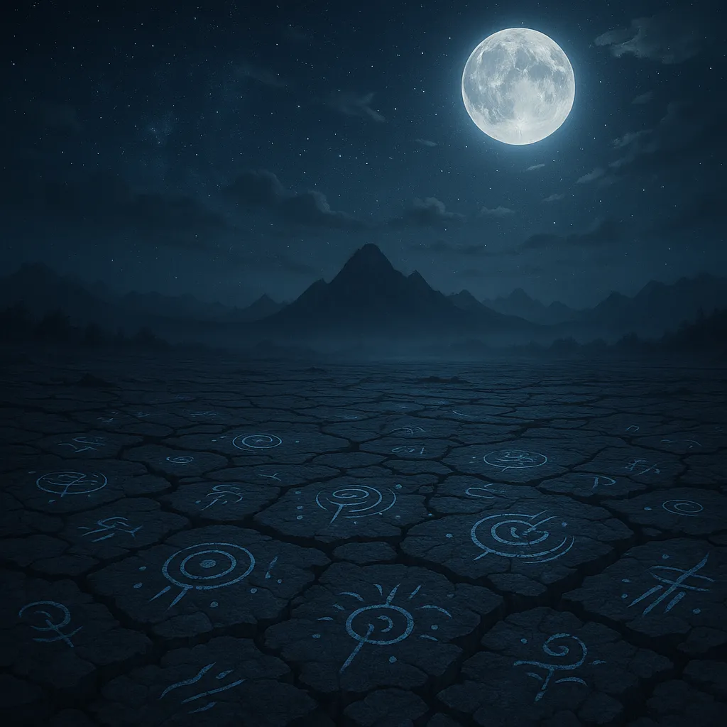 Moonlit cracked earth glowing with ancient runes beneath a wide night sky, symbolizing ancestral memory and the birth of The Shifting Ground Chronicles.