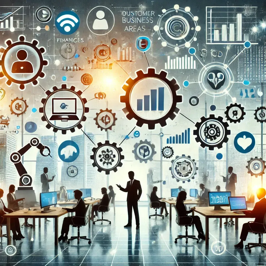 A modern office setting with various business elements being automated by digital tools. Depict automation icons (like gears, robotic arms, and charts