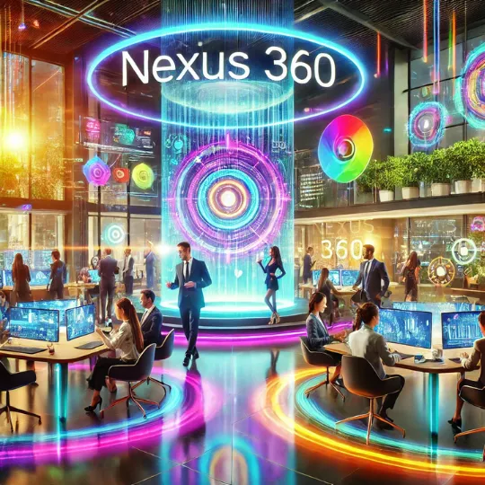 A vibrant futuristic office scene with happy employees collaborating and smiling, representing a thriving business environment. The workspace is sleek