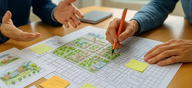 Image of people drawing on a properties plan
