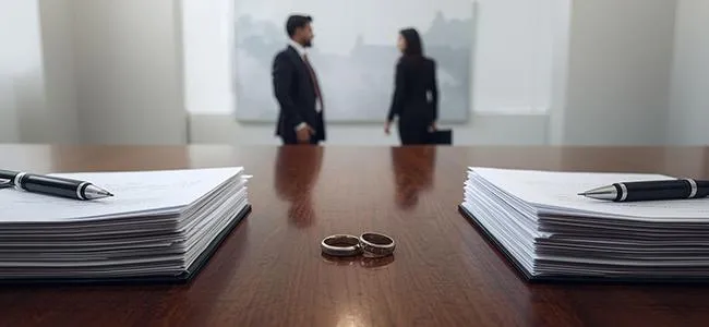 Image of stacks of legal papers and two lawyers in the back