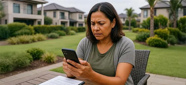 Image of a woman looking at her phone in an upset manner