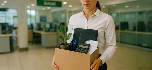 An image of a woman walking out of work carrying her work things