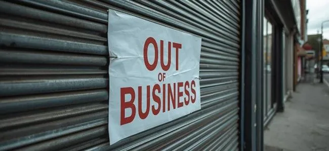 An image of a large banner with the words ''out of business'' on it