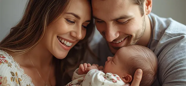 A photo of parents lovingly holding their baby