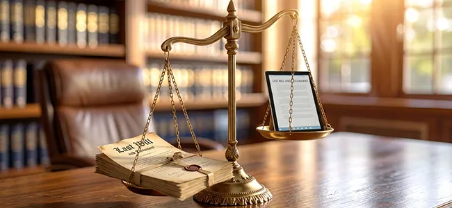 An image of a legal weight scale weighing normal wills vs electronic wills