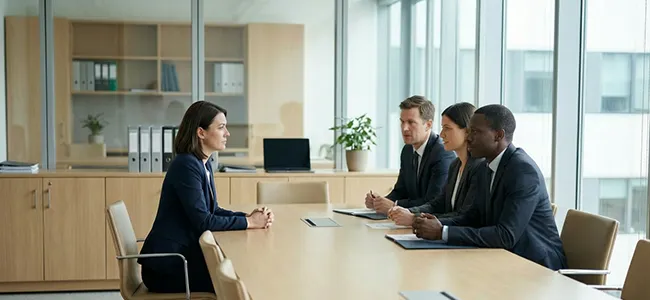 An image of people in suites having a meeting at a table