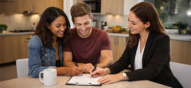A couple sitting with a legal professional signing a legal document