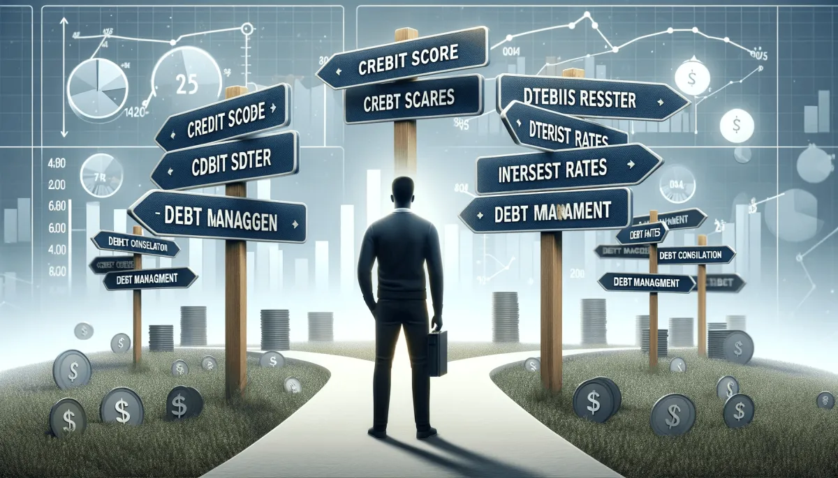 Panoramic image of a person at a crossroads with signposts indicating financial concepts like 'Credit Management' and 'Debt Strategies', set against a backdrop of abstract financial symbols