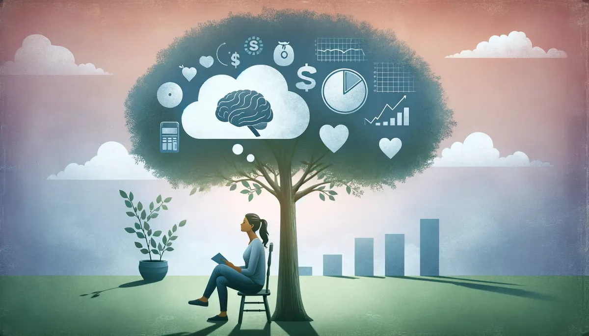 Serene image of a person sitting under a tree, holding a thought bubble with symbols representing mental health, against a calming backdrop with subtle financial elements.
