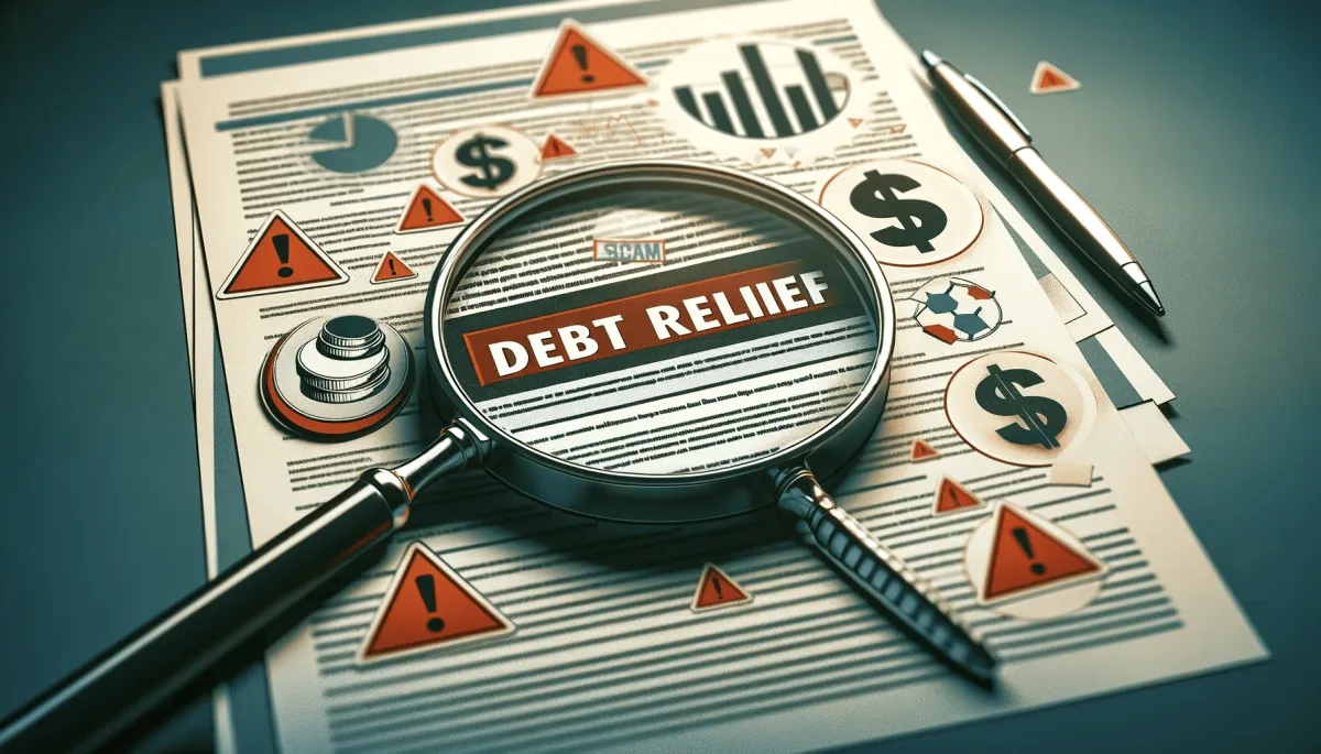 Image showing a magnifying glass over a 'Debt Relief' document, surrounded by warning signs, against a background collage of financial symbols and graphs.
