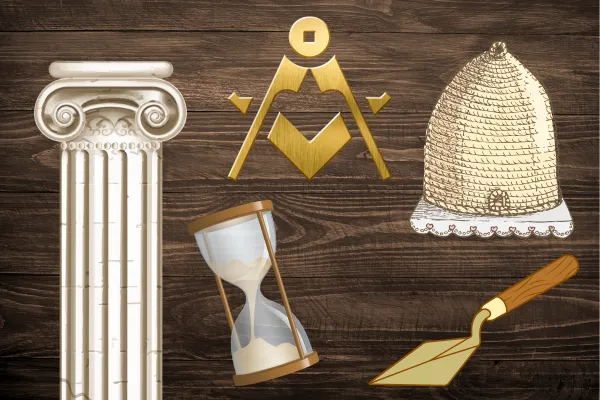 square and compass, beehive, trowel, hourglass, column, masons of california