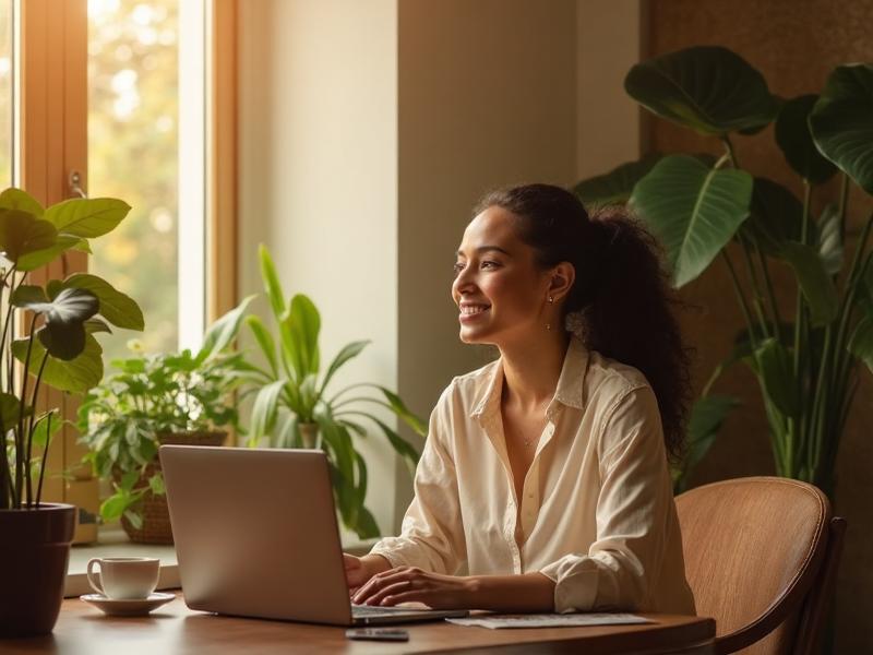 woman with her laptop at her home office desk, warm vibe, brightly lit, plants, and cozy atmosphere