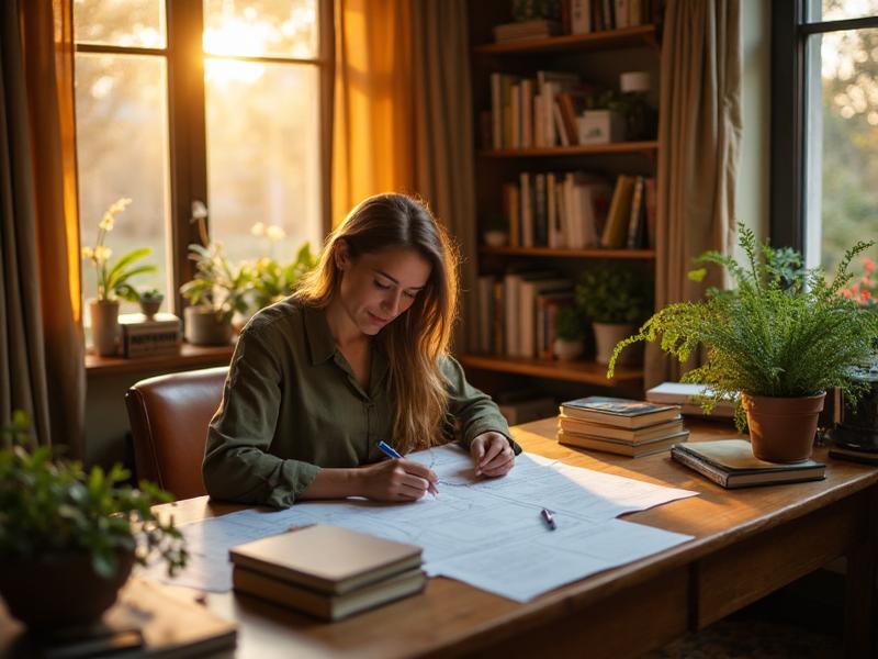 woman at her home office desk with a big window behind her streaming light in to a room filled with bookshelves, books, plants, and warmth