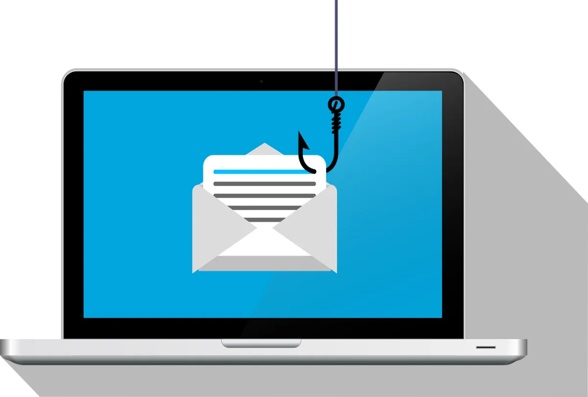 Graphic of a laptop with a fishing hook stealing an email