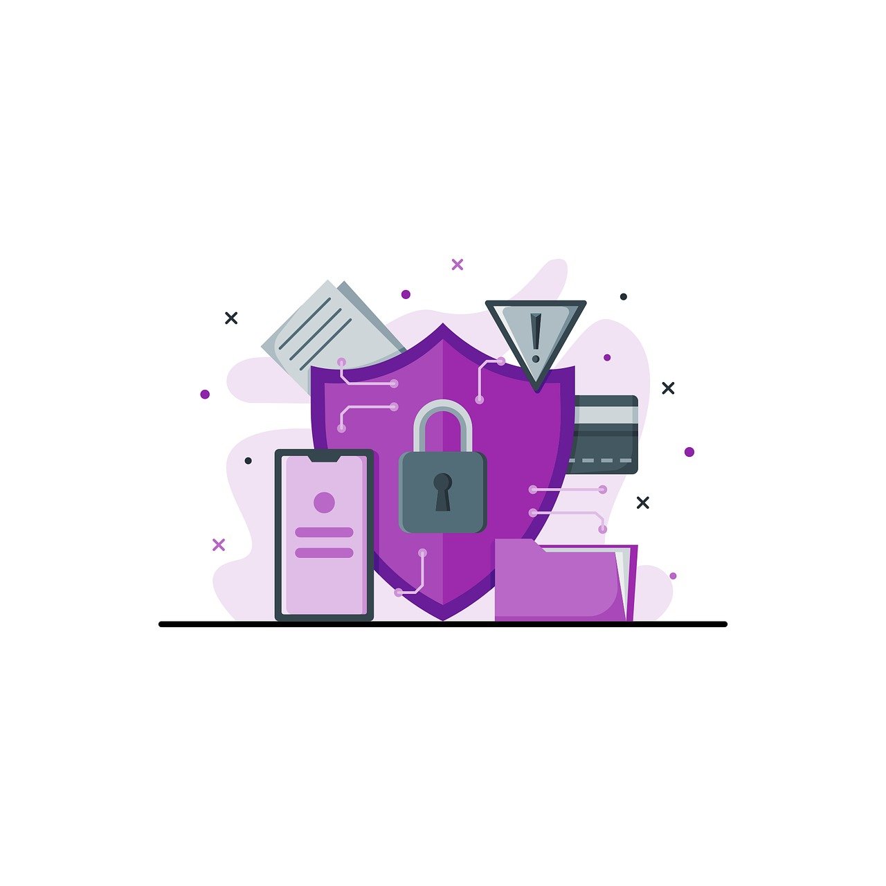 Purple Graphic with various file symbols, a phone and padlock on a shield