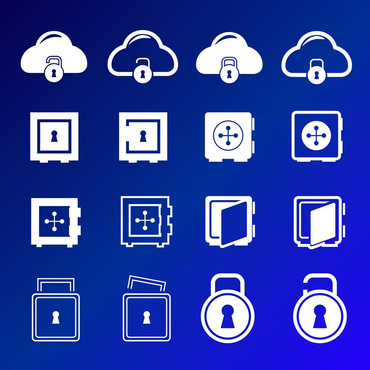 A series of safes, clouds and padlocks