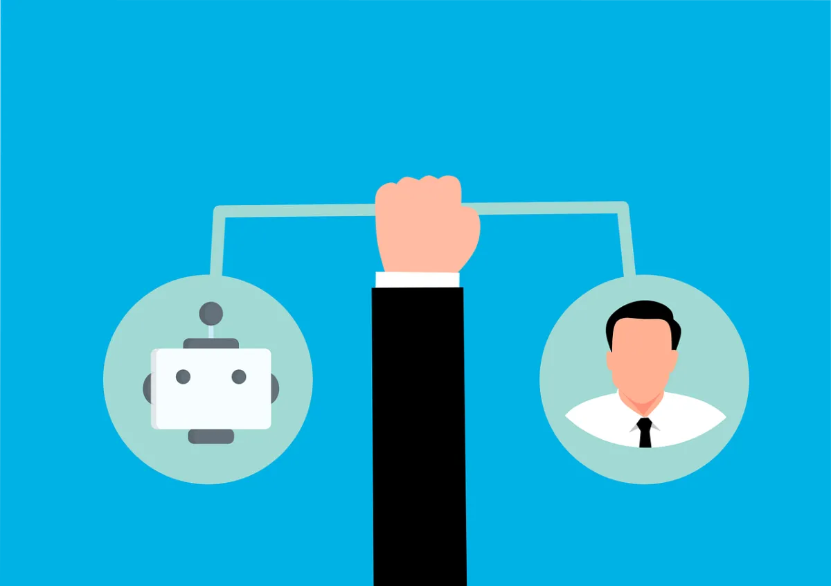 Graphic of a arm lifting a weight with a robot on one end and a person on the other.