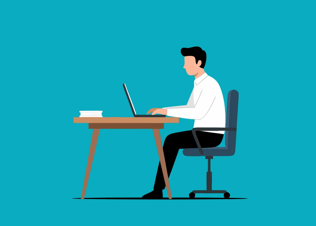 Sideways graphic of a person at a desk with a laptop