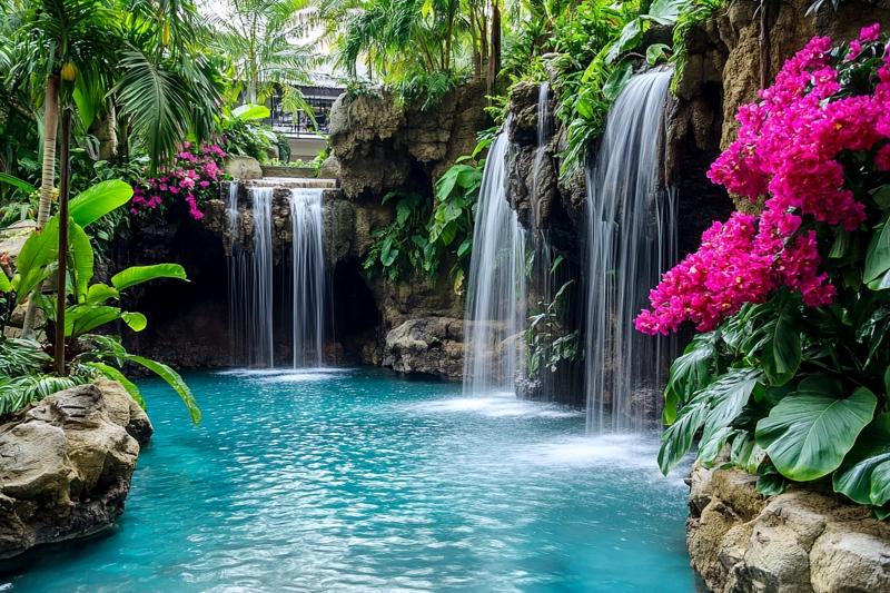 Arenal Volcano Region, Costa Rica Lush jungle surrounds a thermal pool with mist hovering over the water
