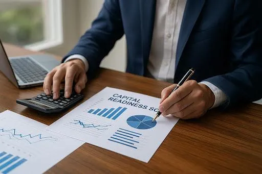 Business professional calculating capital readiness score with financial charts, graphs, and a laptop on a sunlit office desk