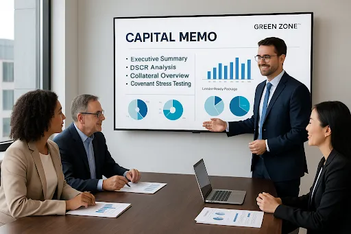 A professional business meeting in a modern office where four executives are reviewing a “Capital Memo” presentation by Green Zone™. The screen shows sections like Executive Summary, DSCR Analysis, Collateral Overview, and Covenant Stress Testing, along with bar and pie charts. The atmosphere is focused, confident, and collaborative.