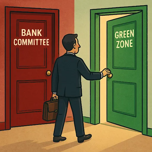 Green Zone, commercial lending, credit committee, business decision, banking alternative, middle market loans, capital readiness, financial clarity, loan approval, cartoon business metaphor