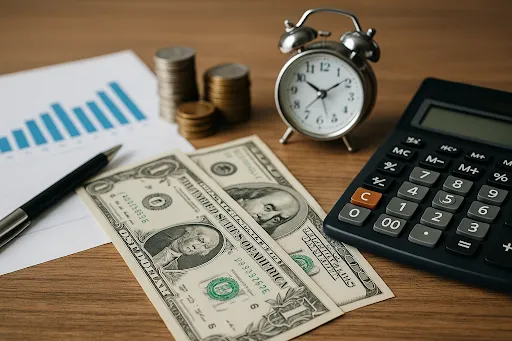 Financial tools and currency representing business cash flow and capital financing strategy