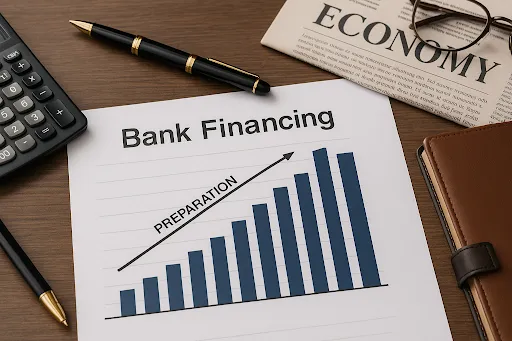Bank financing preparation chart with financial tools on desk