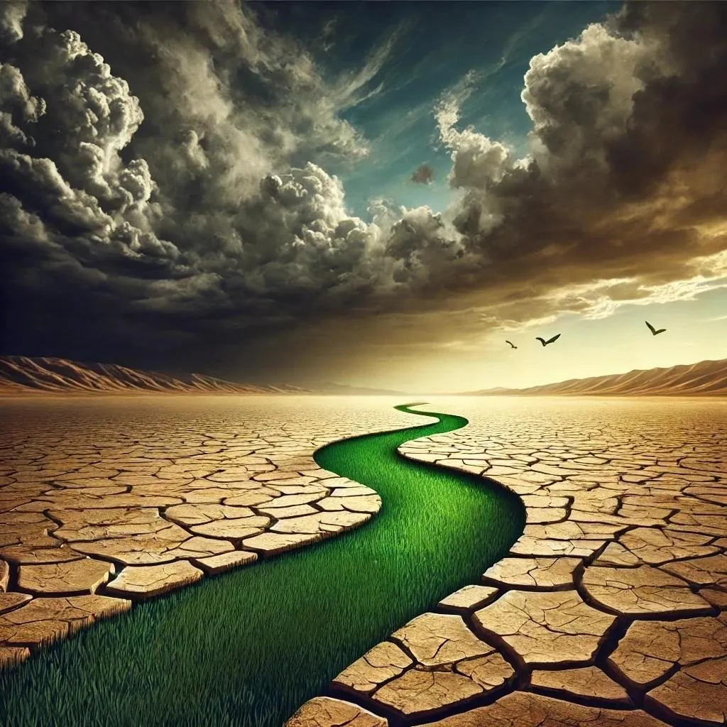 Green path winding through a cracked dry landscape under a dark stormy sky with golden light breaking through the horizon, symbolizing resilience and strategic preparation.