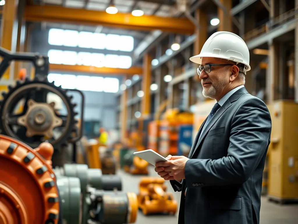 Confident CFO in hard hat reviewing reports inside a manufacturing facility, symbolizing capital financing strategy in 2025.