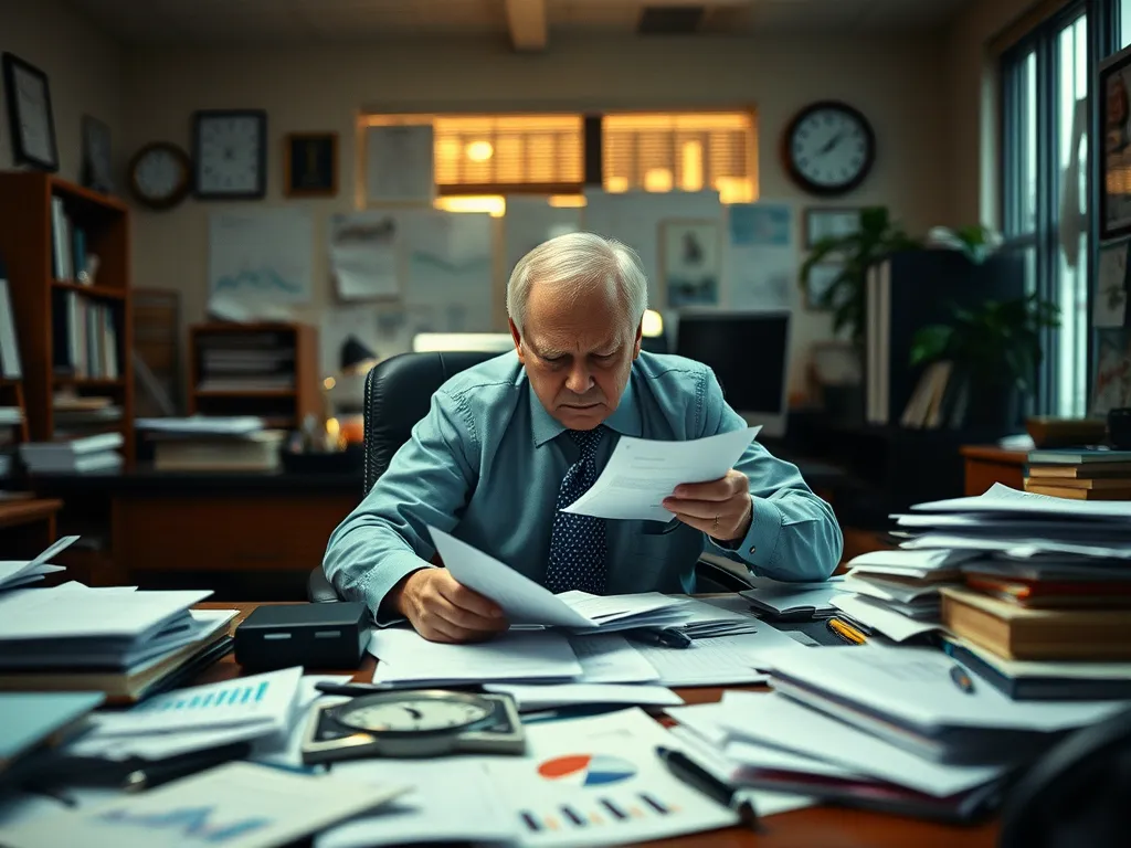 CFO reviewing financial reports at a cluttered desk, representing the challenge of optimizing lending relationships in 2025.