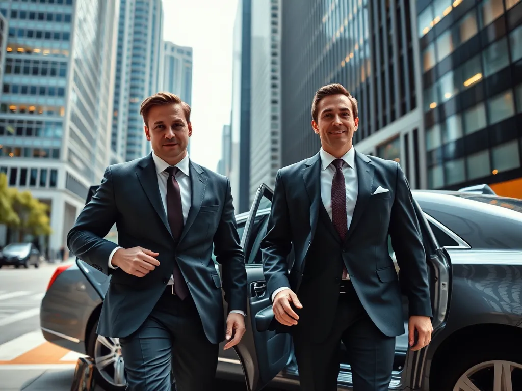 Two confident executives stepping out of a car in the city, symbolizing high-growth companies pursuing capital strategies in 2025.