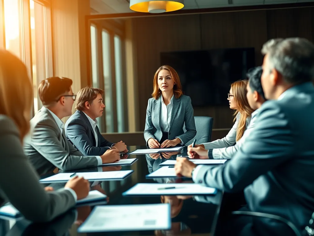 Private equity leadership team in a boardroom meeting, representing 2025 capital strategies and operational excellence for portfolio companies.