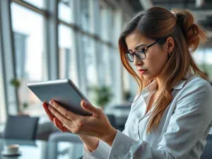 Focused businesswoman reviewing financial insights on a tablet, representing top commercial banking trends impacting companies today.