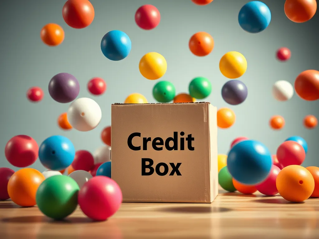 Colorful balls bouncing around a box labeled 'Credit Box,' symbolizing loan denials and navigating bank credit restrictions.
