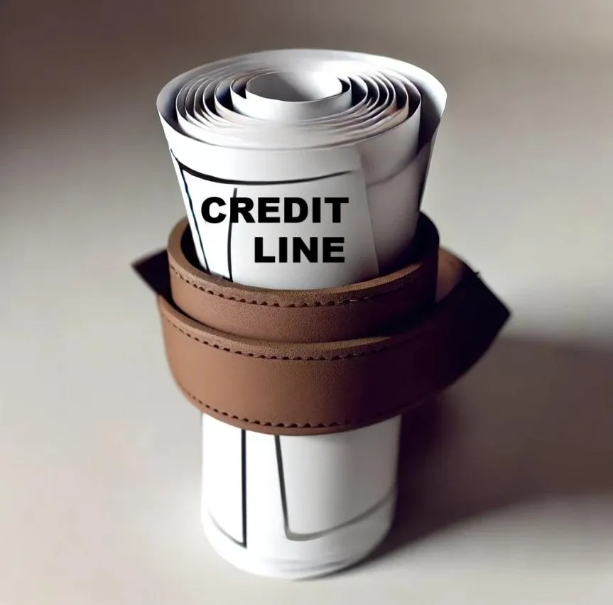 Rolled-up credit line documents strapped with a belt, symbolizing restricted access to business loans from traditional banks.