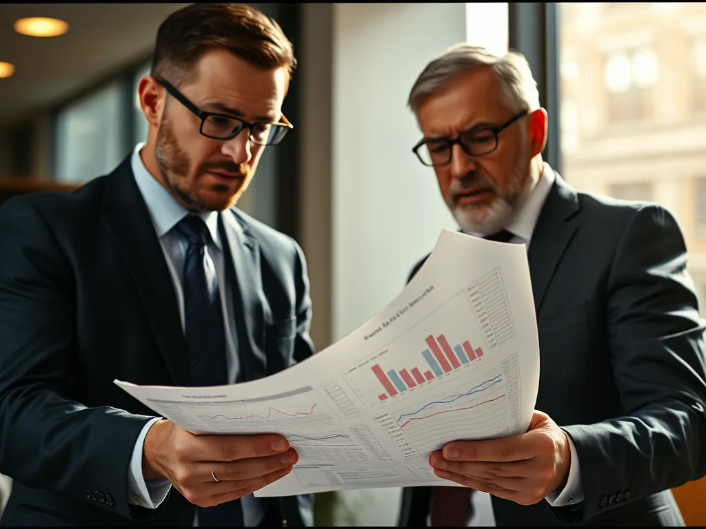 Two business professionals reviewing financial charts, symbolizing the importance of accurate reporting to avoid banking pitfalls.