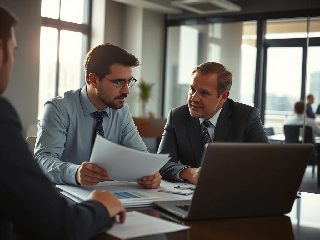 Private equity professionals in a meeting reviewing financial documents, representing stronger commercial lending relationships for portfolio companies.
