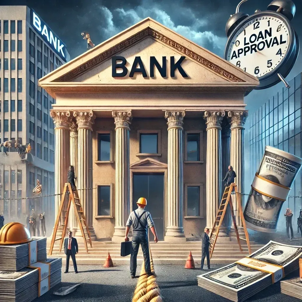 Illustration of a subcontractor approaching a bank with loan approval clock and money symbols, representing business financing challenges.