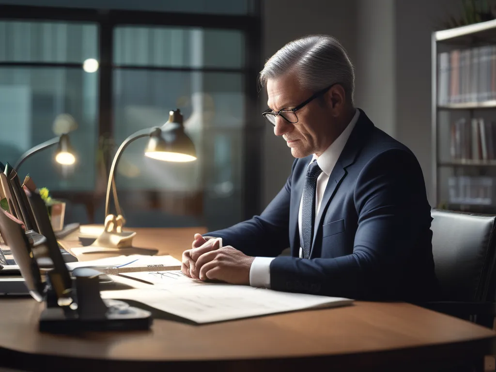 Focused CEO in a modern office reviewing documents, symbolizing future-proofing strategies for business capital and long-term growth.