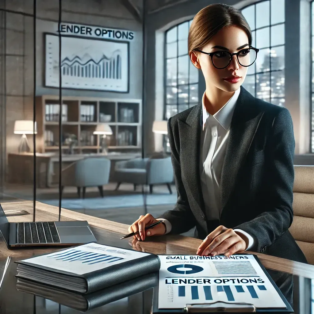 Professional businesswoman reviewing lender options and financial charts, symbolizing the process of choosing the right commercial lender.