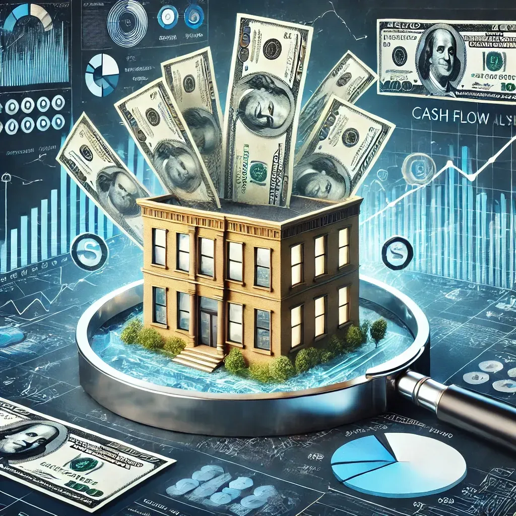 Magnifying glass over a business building with dollar bills and financial charts, symbolizing the importance of cash flow analysis.