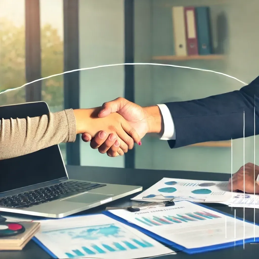 Business handshake over financial charts and a laptop, symbolizing navigating the tightening credit market and securing financing.