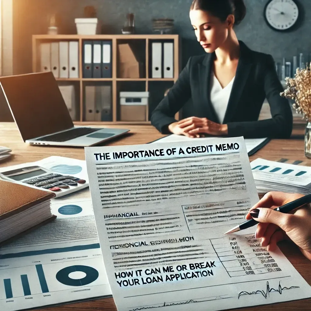 Business professional reviewing a document titled 'The Importance of a Credit Memo,' symbolizing its role in loan applications and approvals.