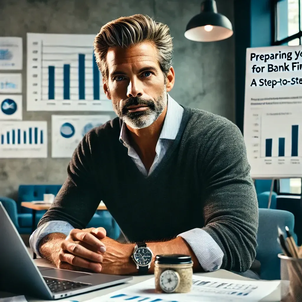 Confident business owner reviewing financial charts in an office, symbolizing preparing a company for successful bank financing.