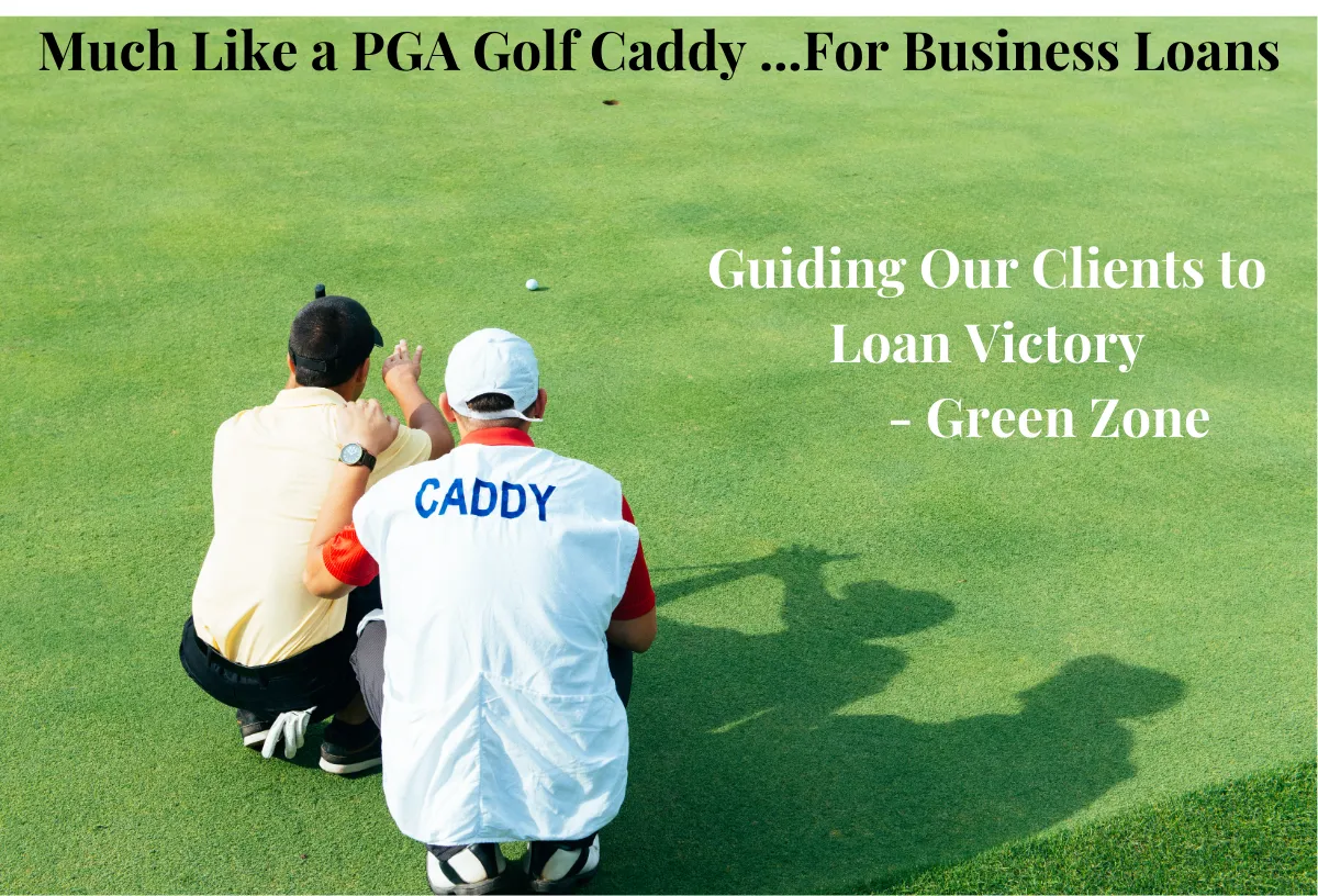 Golfer and caddy strategizing on the green, symbolizing Green Zone guiding business owners to success in securing loans.