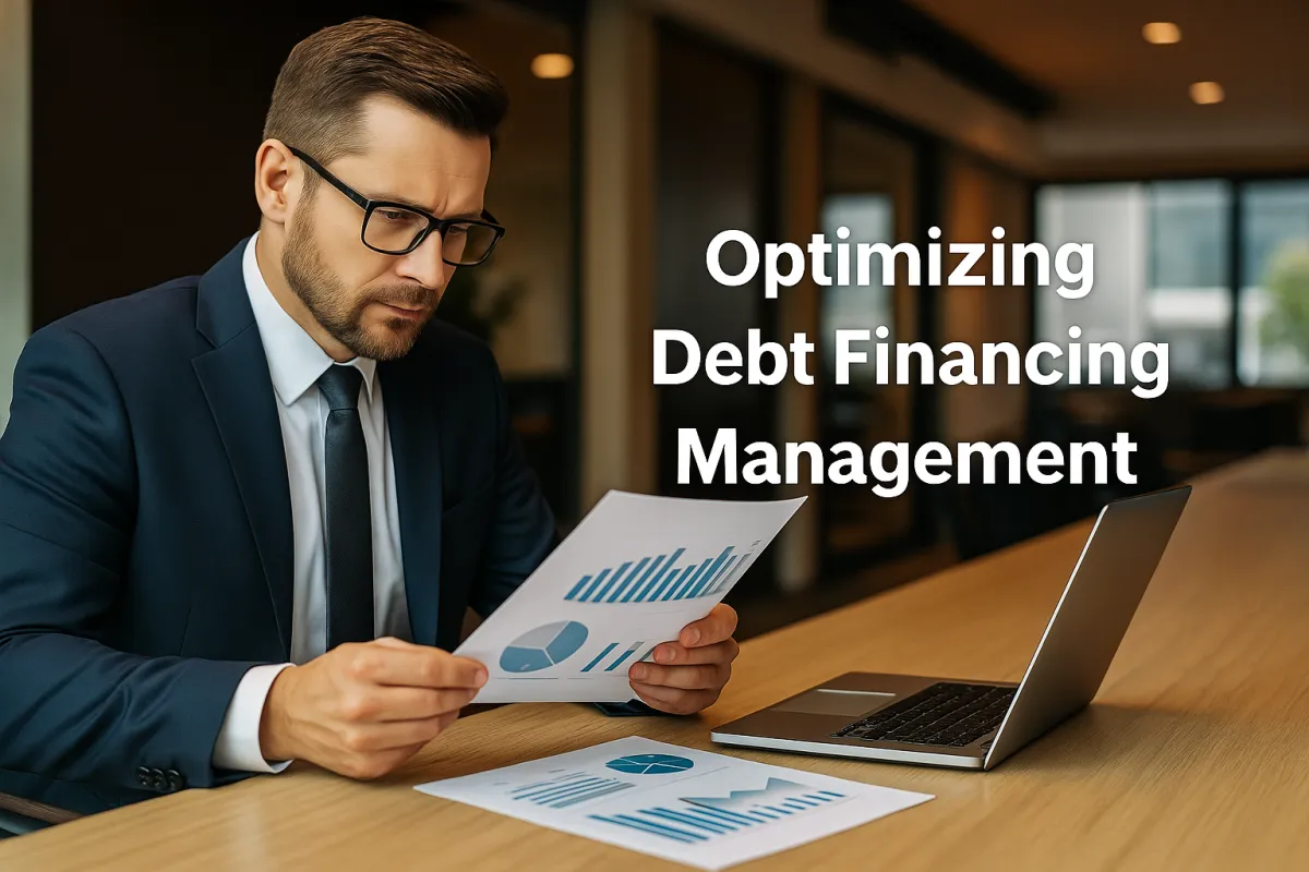 Business professional analyzing financial charts and debt reports, symbolizing strategies for optimizing debt financing management.