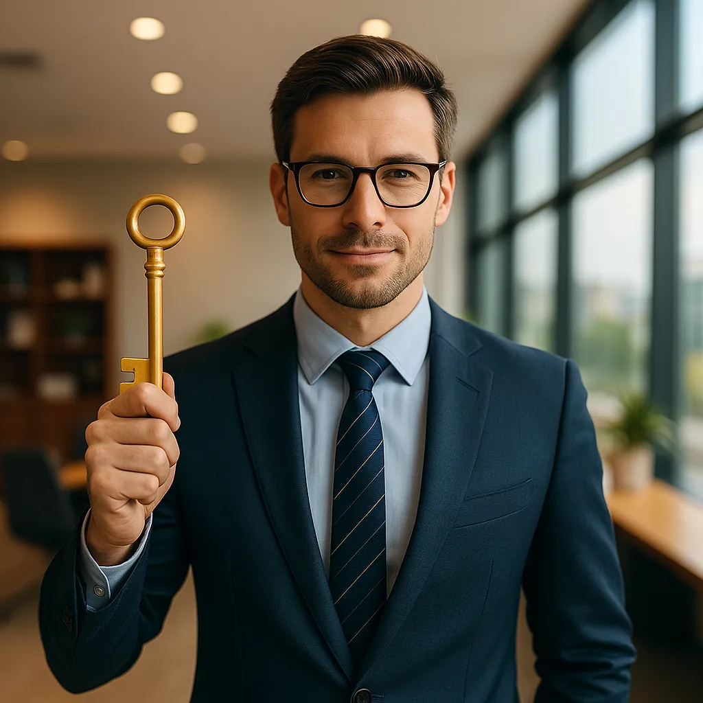 Confident business professional holding a golden key, symbolizing finding the best business loan and financing solutions.