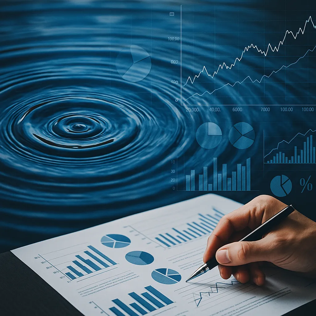 Abstract financial undercurrents symbolized by water ripples over business charts, representing hidden risks in capital strategy.